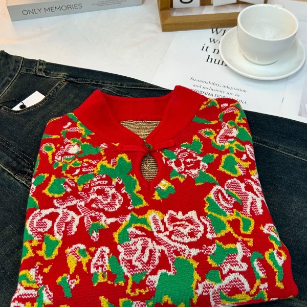 【倩倩专属】051新款时尚东北大花套头针织衫