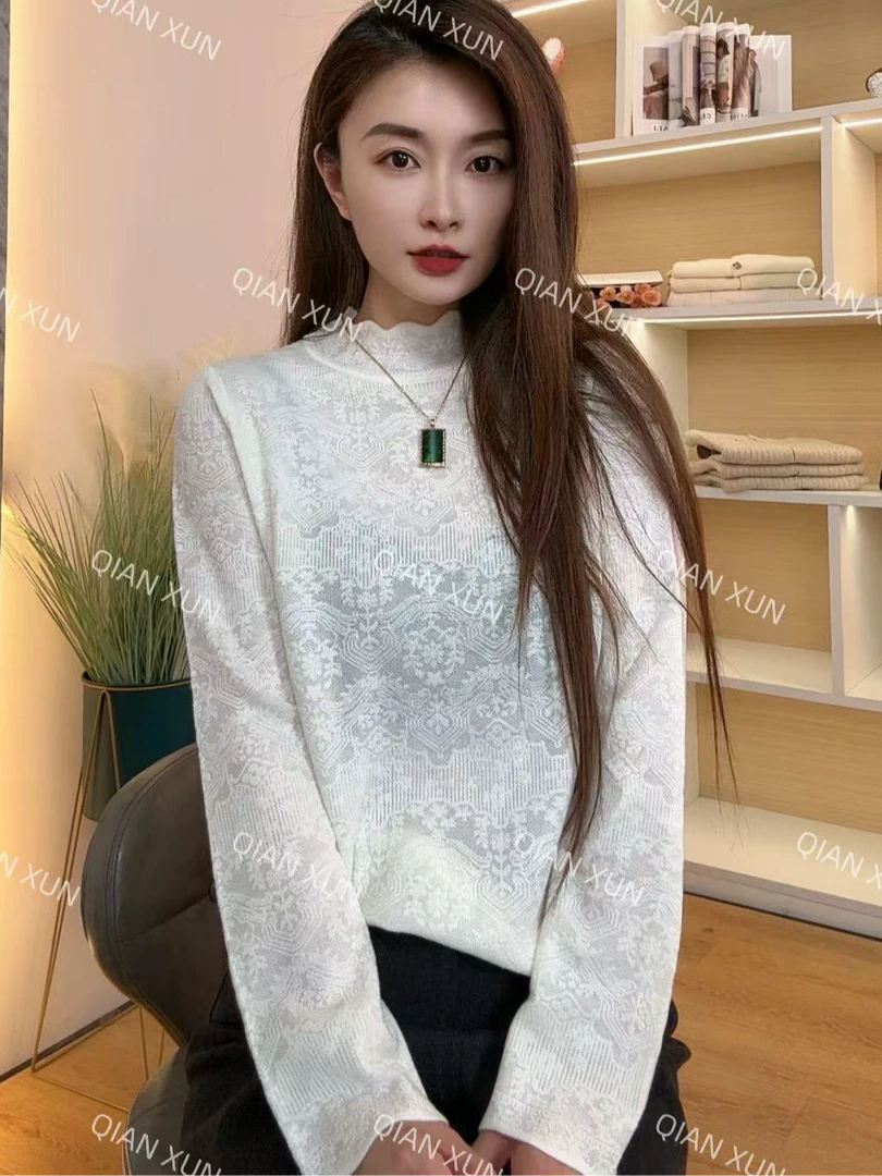 【倩倩专属】2024时尚百搭修身套头花边长袖镂空打底针织衫