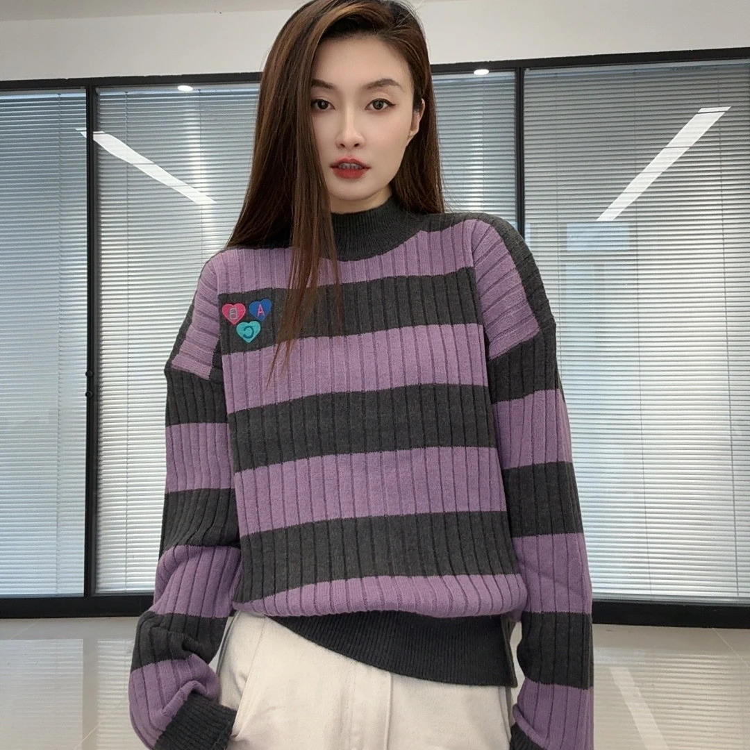 【倩倩专属】2024秋冬新款时尚百搭撞色宽条纹针织衫S197#
