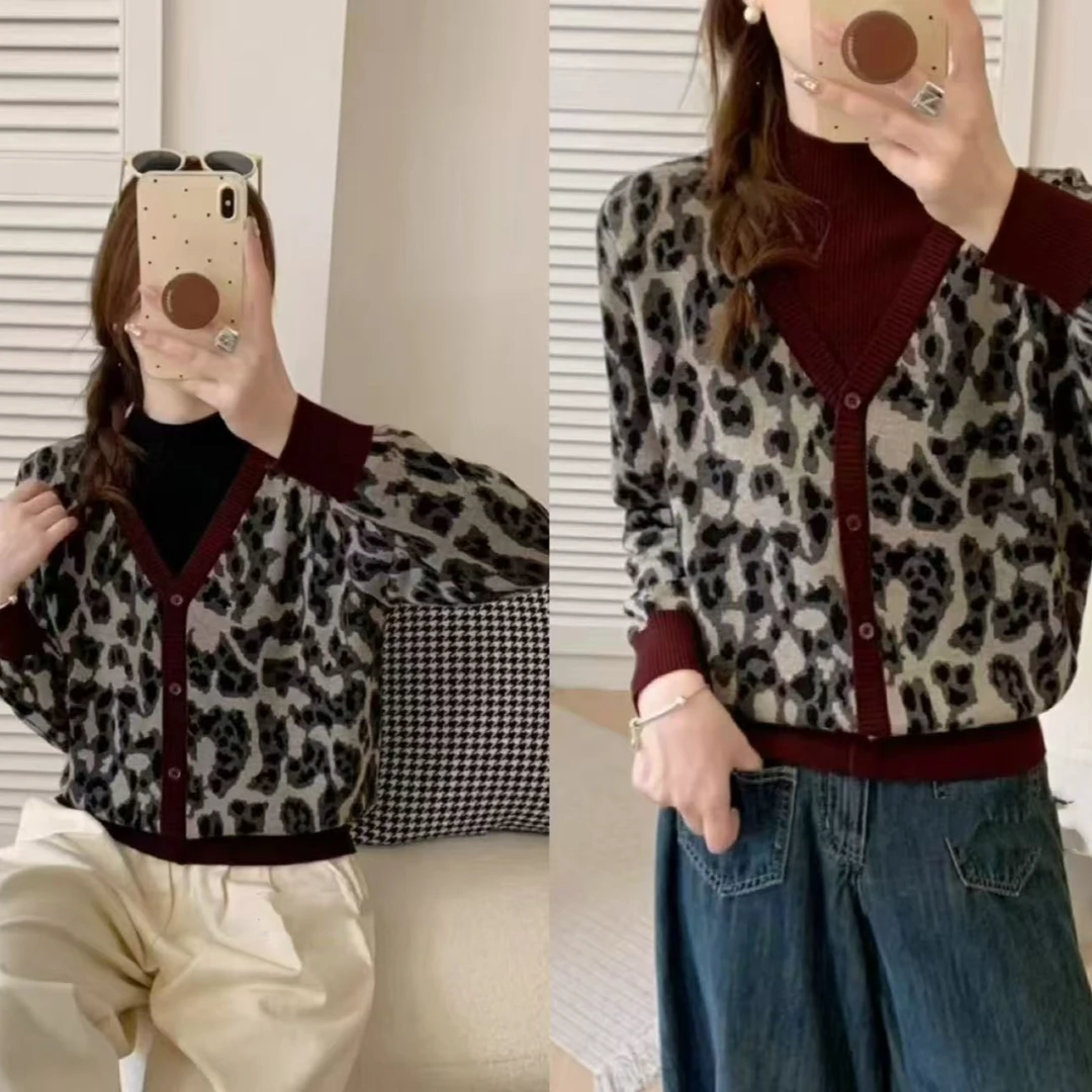 【倩倩专属】新款时尚气质小众豹纹半高领假两件针织衫S212#
