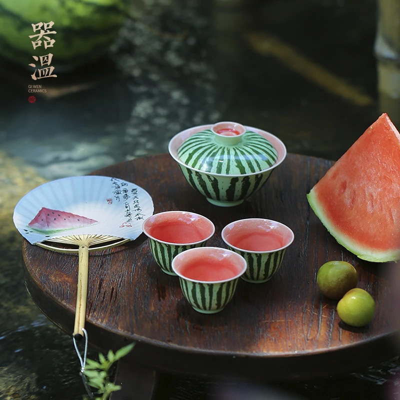 西瓜盖碗套装家用户外陶瓷泡茶碗杯品茗杯茶杯轻奢功夫茶具夏日