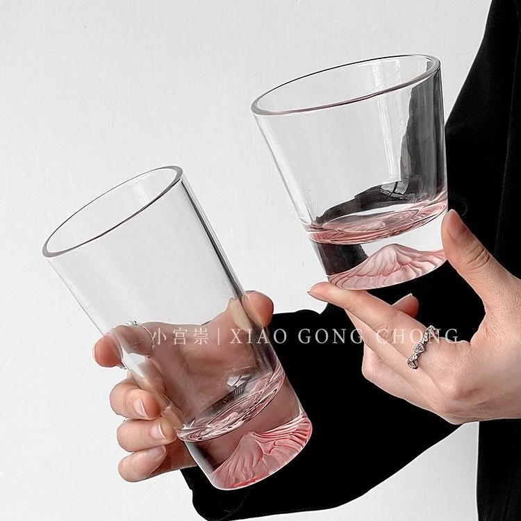 粉色山杯樱花雪山杯子小众设计仙女玻璃杯水晶咖啡杯酒杯威士忌杯