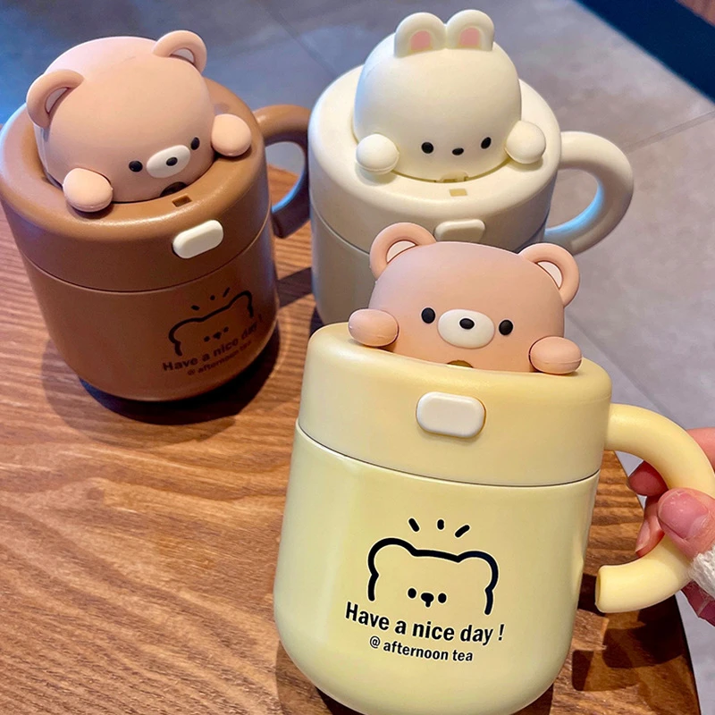 小熊马克杯带盖女生情侣家用保温杯高颜值早餐杯公仔办公杯大容量