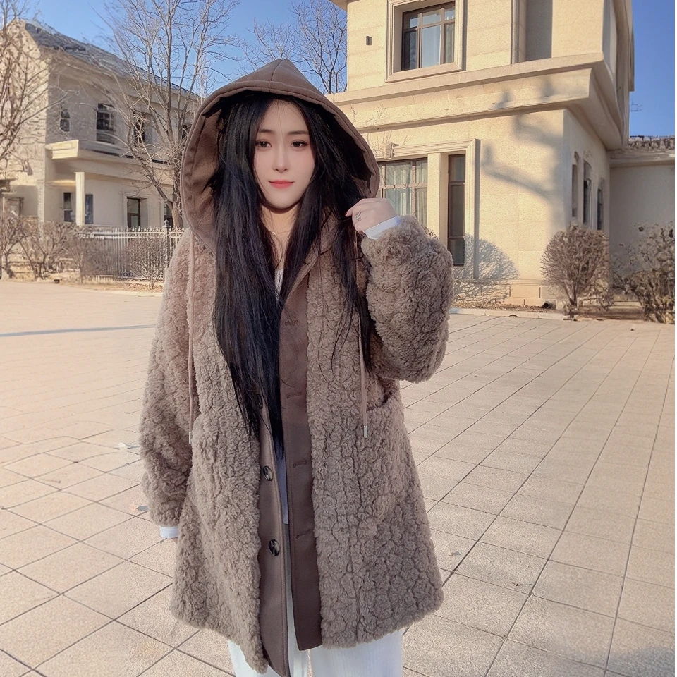 冬季小香风假两件时尚保暖设计感毛毛外套大衣宽松摇粒绒百搭气质