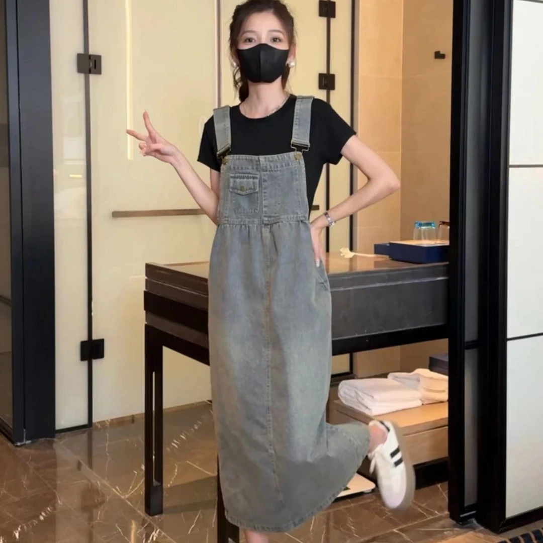复古牛仔背带裙吊带连衣裙百搭背带裙2024夏季新款减龄宽松连衣裙
