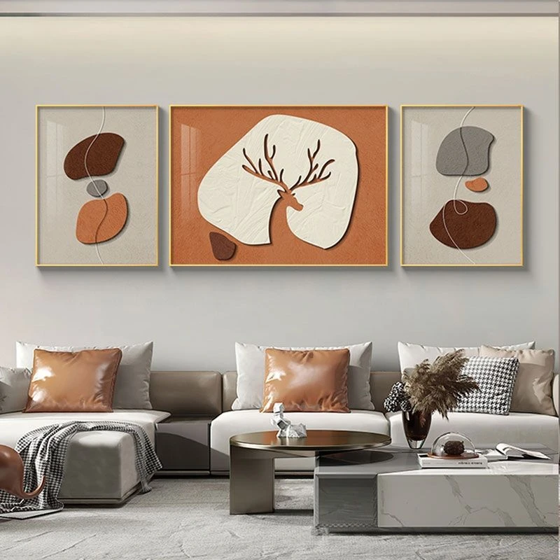 现代简约客厅装饰画福鹿相随金框壁画镶钻沙发背景墙餐厅三联挂画