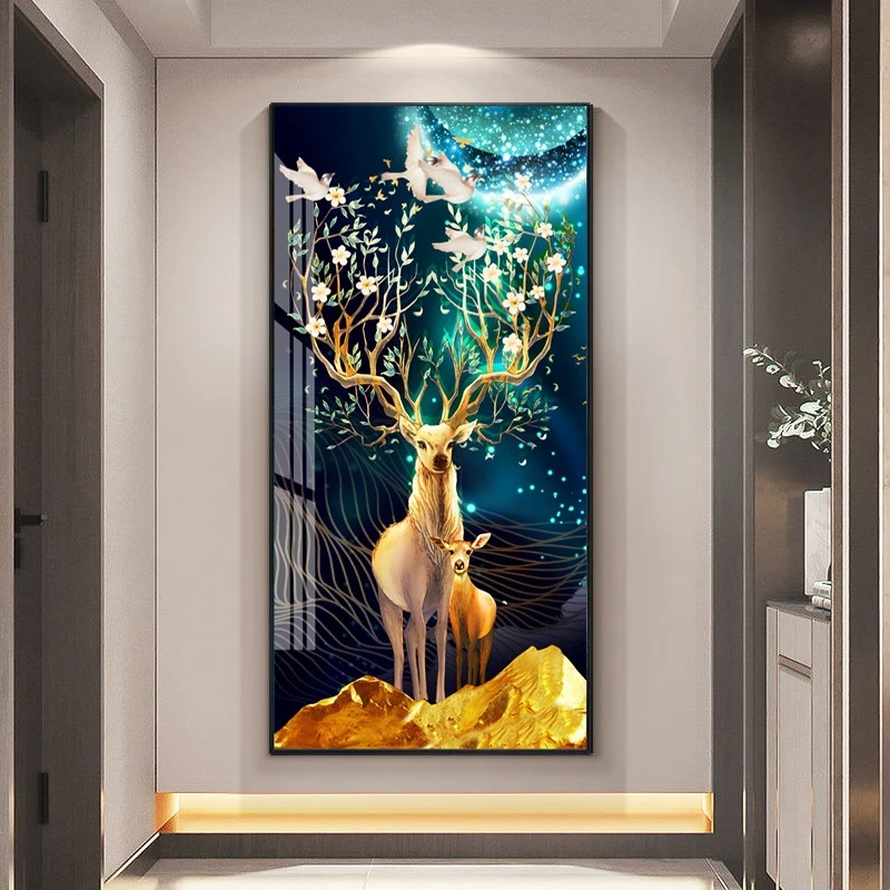 正对门过道走廊壁画山水墙画麋鹿现代简约入户玄关装饰晶瓷画挂画