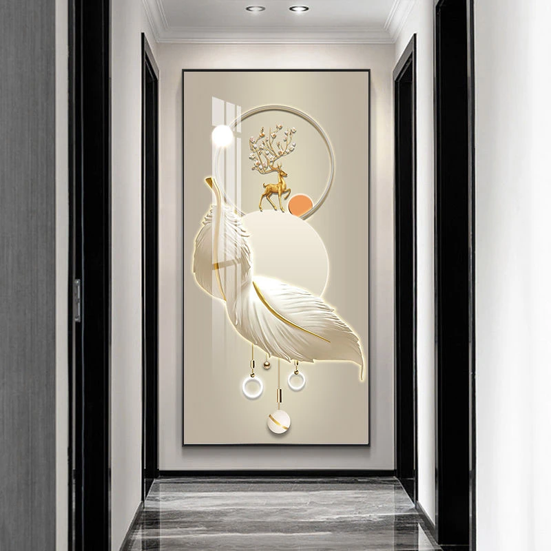 轻奢入户玄关装饰画进门客厅走廊过道挂画新款大气麋鹿竖版墙壁画