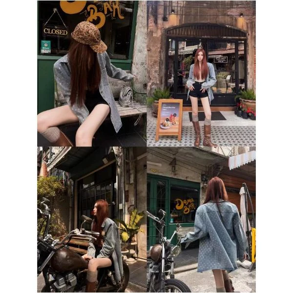 姗姗【牛津腔调】春款字母烫钻牛仔衬衫外套LWJ24A1C250