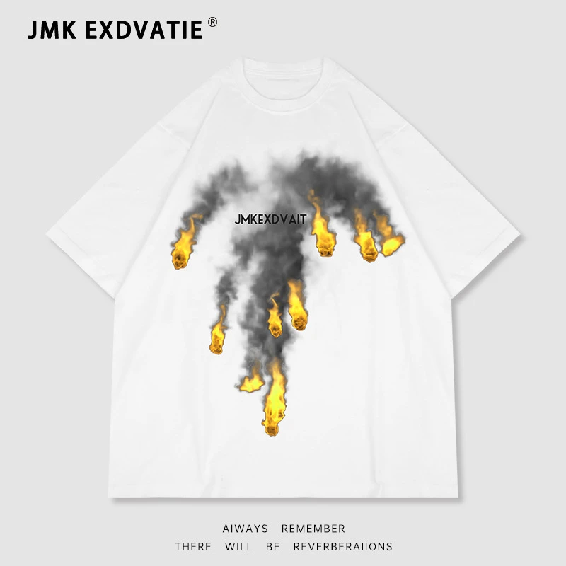 Jimei·美式复古潮牌个性火焰印花街头嘻哈水洗做旧短袖t恤