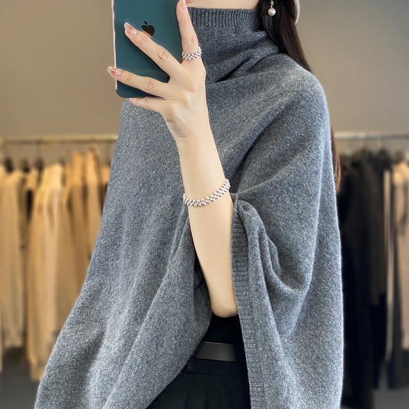 秋冬堆堆领100%纯羊毛斗篷披肩外搭韩版保暖围巾脖不规则上衣针织