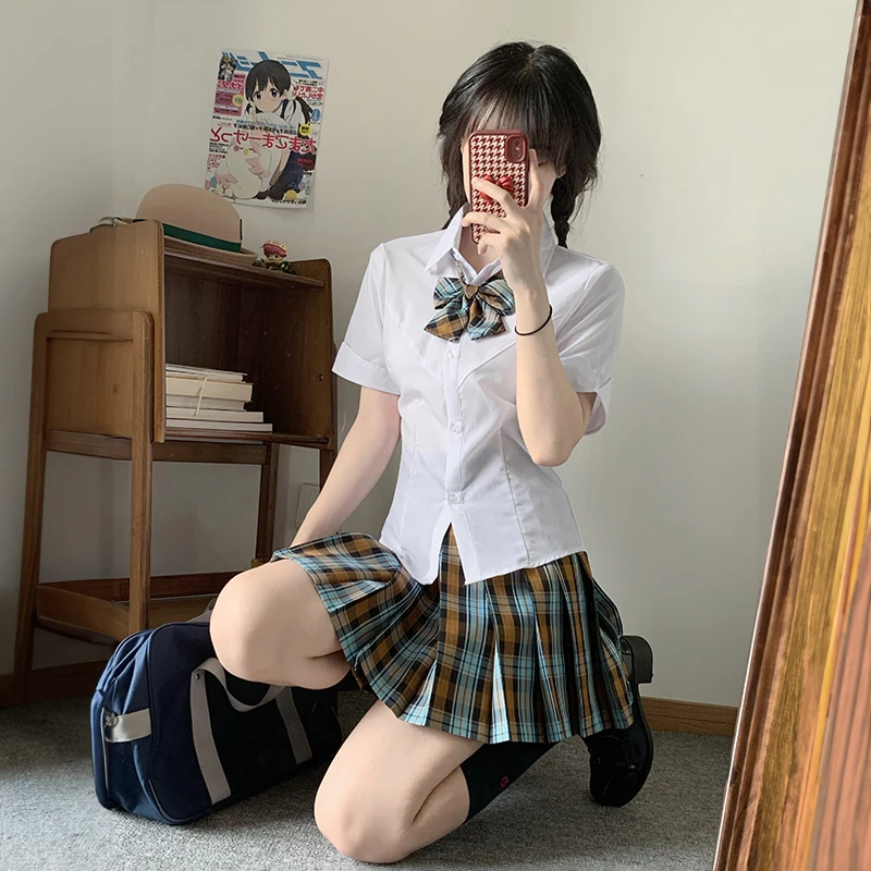 学院风套装jk制服纯欲白色衬衣短袖收腰衬衫显瘦格裙百搭甜美夏季