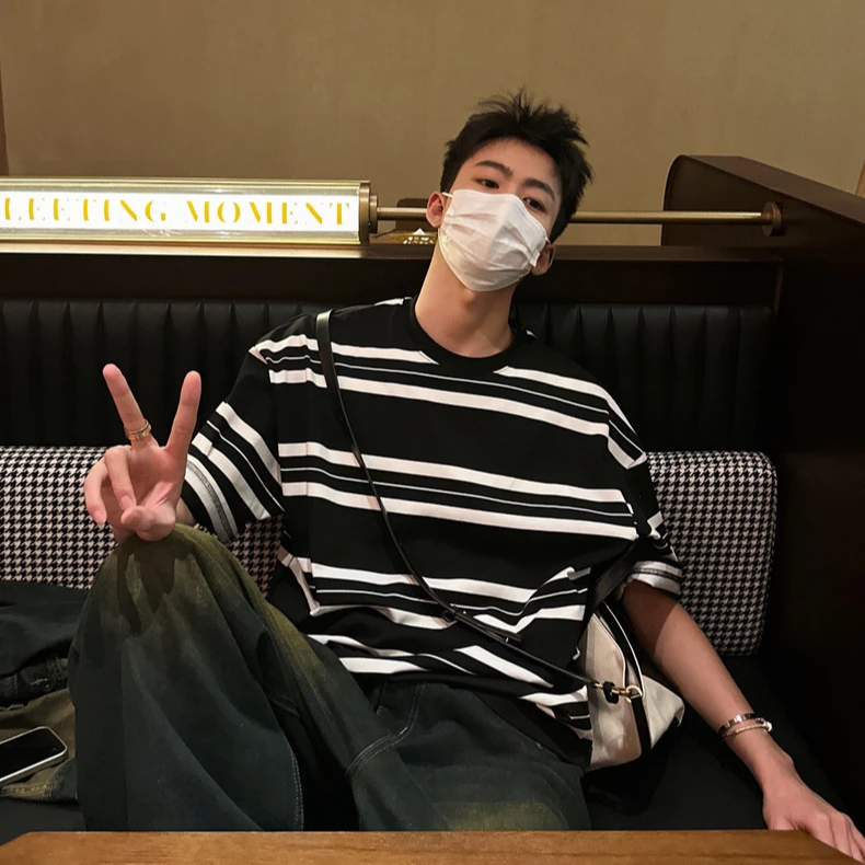 美式复古撞色条纹短袖T恤男夏季新款小众设计感百搭休闲情侣上衣