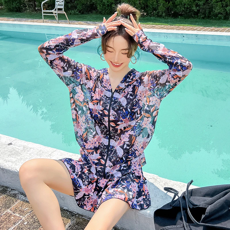 2025泳衣女款分体运动三件套长袖防晒显瘦遮肚宽松罩衫保守游泳衣