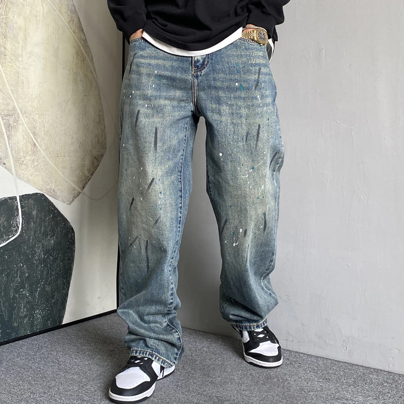 秋季美式休闲痞帅复古做旧泼墨牛仔裤男直筒宽松百搭高街阔腿裤子