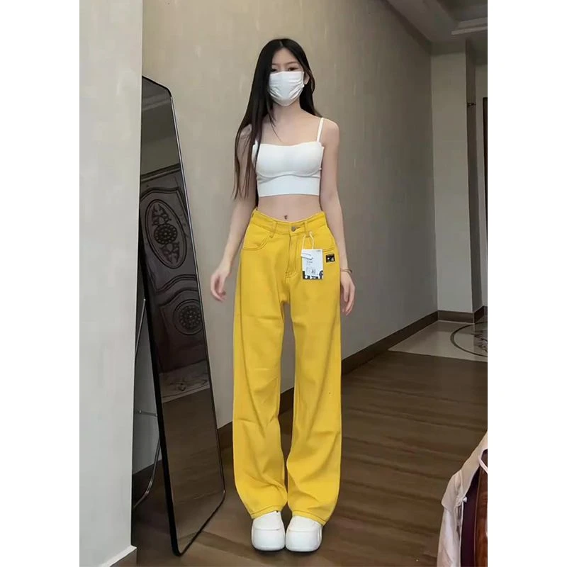 美式复古黄色直筒牛仔裤女秋季高街vibe多巴胺高腰宽松阔腿拖地裤