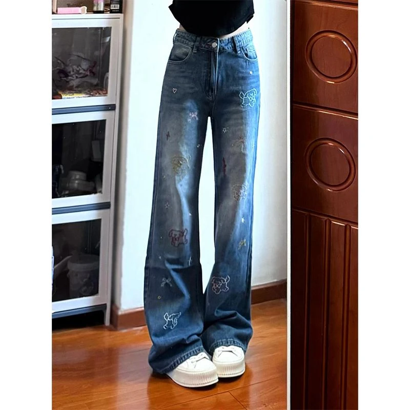 美式复古小狗刺绣蓝色微喇叭牛仔裤女春秋高腰显瘦垂感阔腿拖地裤