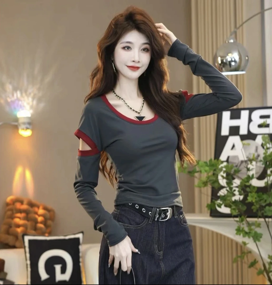 早秋新款洋气新款上衣【长袖撞色拼接U领修身打底上衣】