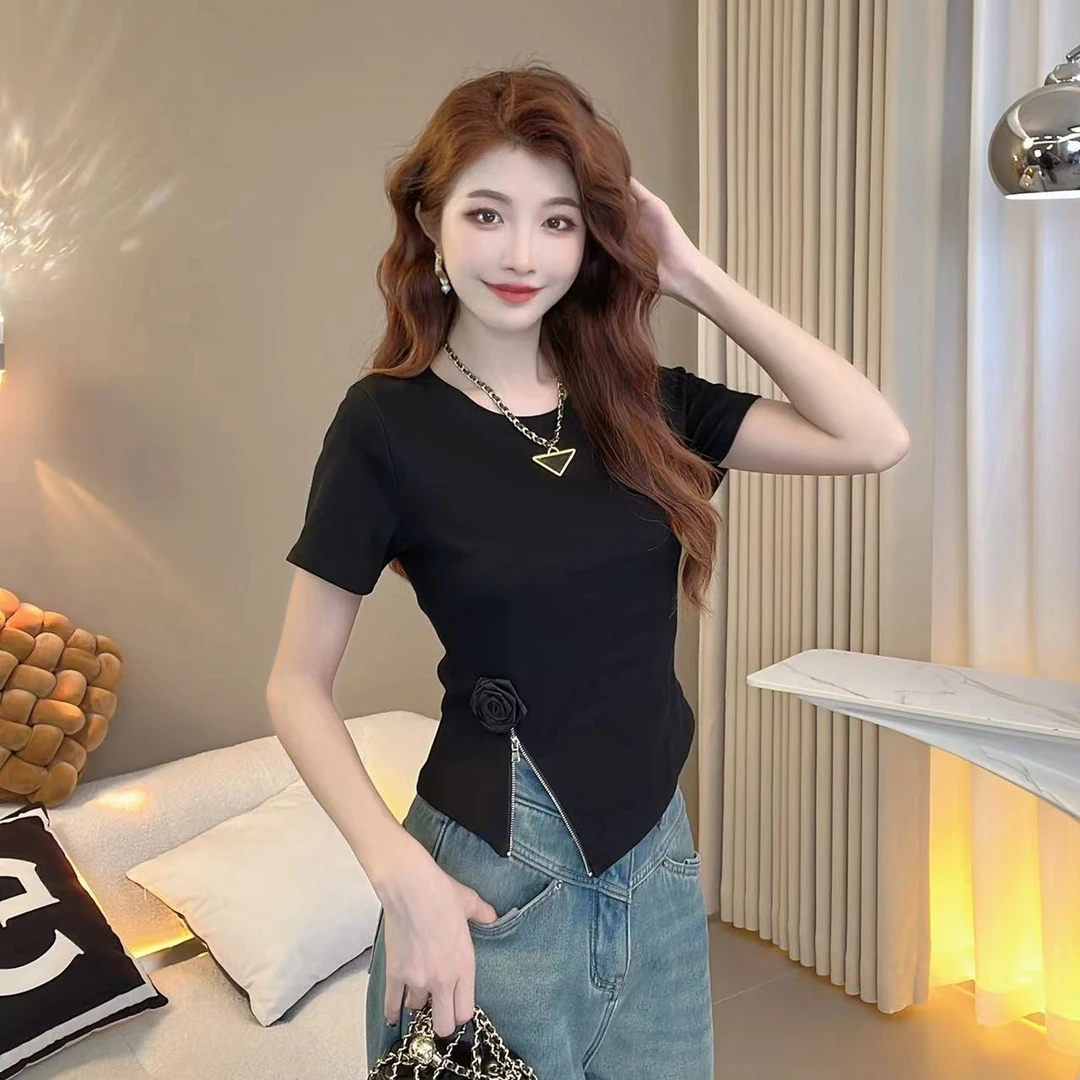 小金鱼【拉链开叉不规则修身短袖上衣】春夏季新款上衣设计感