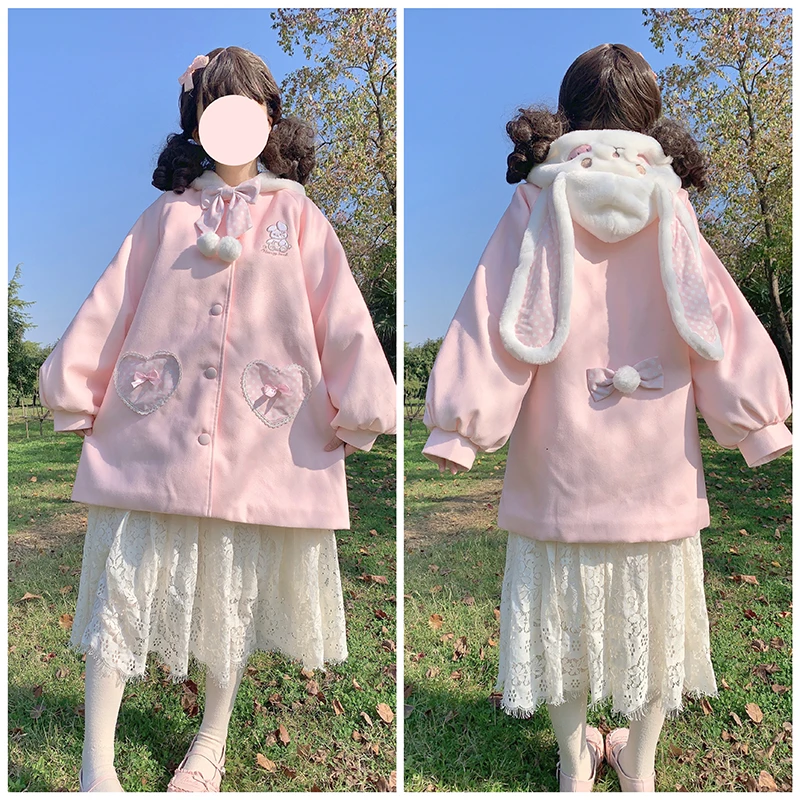 原创 兔兔大衣 少女可爱 冬加棉加厚保暖呢子大衣外套