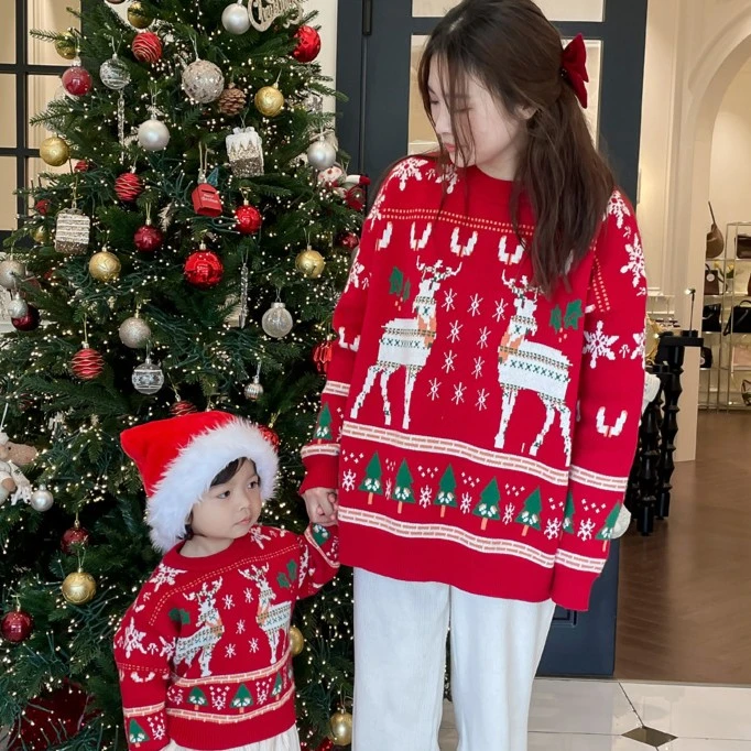 秋冬加厚圣诞节麋鹿红色毛衣 亲子装 2022新款慵懒风外穿宽松套头