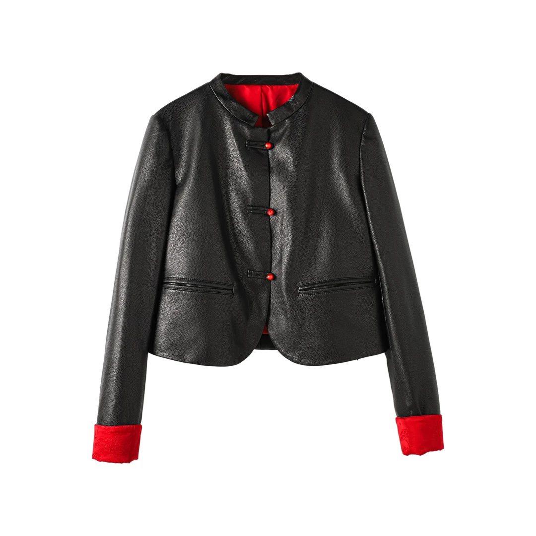 23285-时尚酷帅通勤外套时髦秋季高级感气质小设计翻领皮衣外套