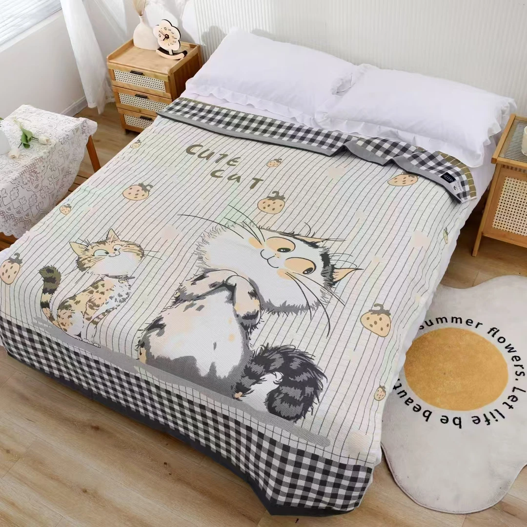 【草莓猫床盖HS】150*200(cm) 纱布床盖盖毯