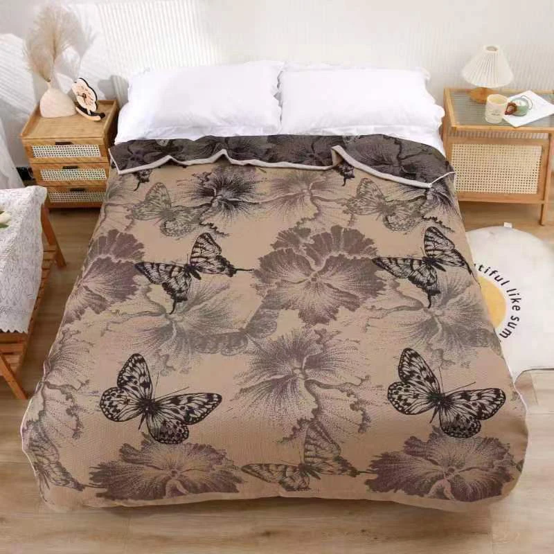 【黑金蝴蝶花】150*200cm纯棉纱布盖毯床盖毛巾被