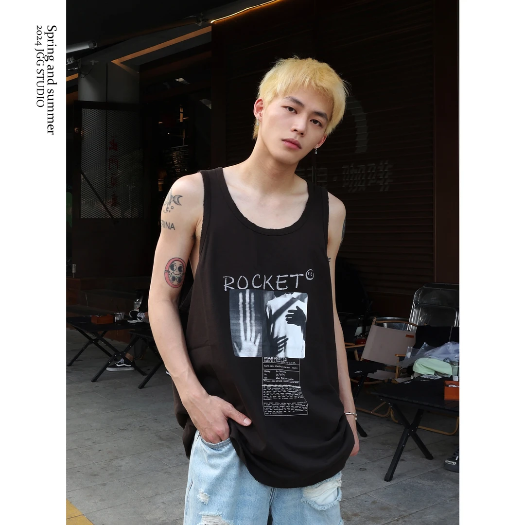 鸡哥哥 24S/S 海岛度假风无袖Tee 数码印花全棉阔版休闲背心