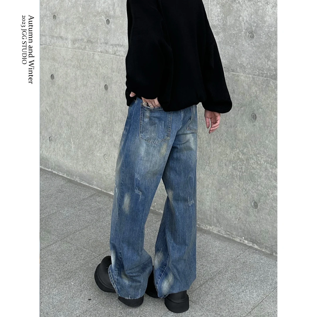 鸡哥哥23A/W 定制雪花砂洗 猫抓破坏廓形直筒牛仔裤