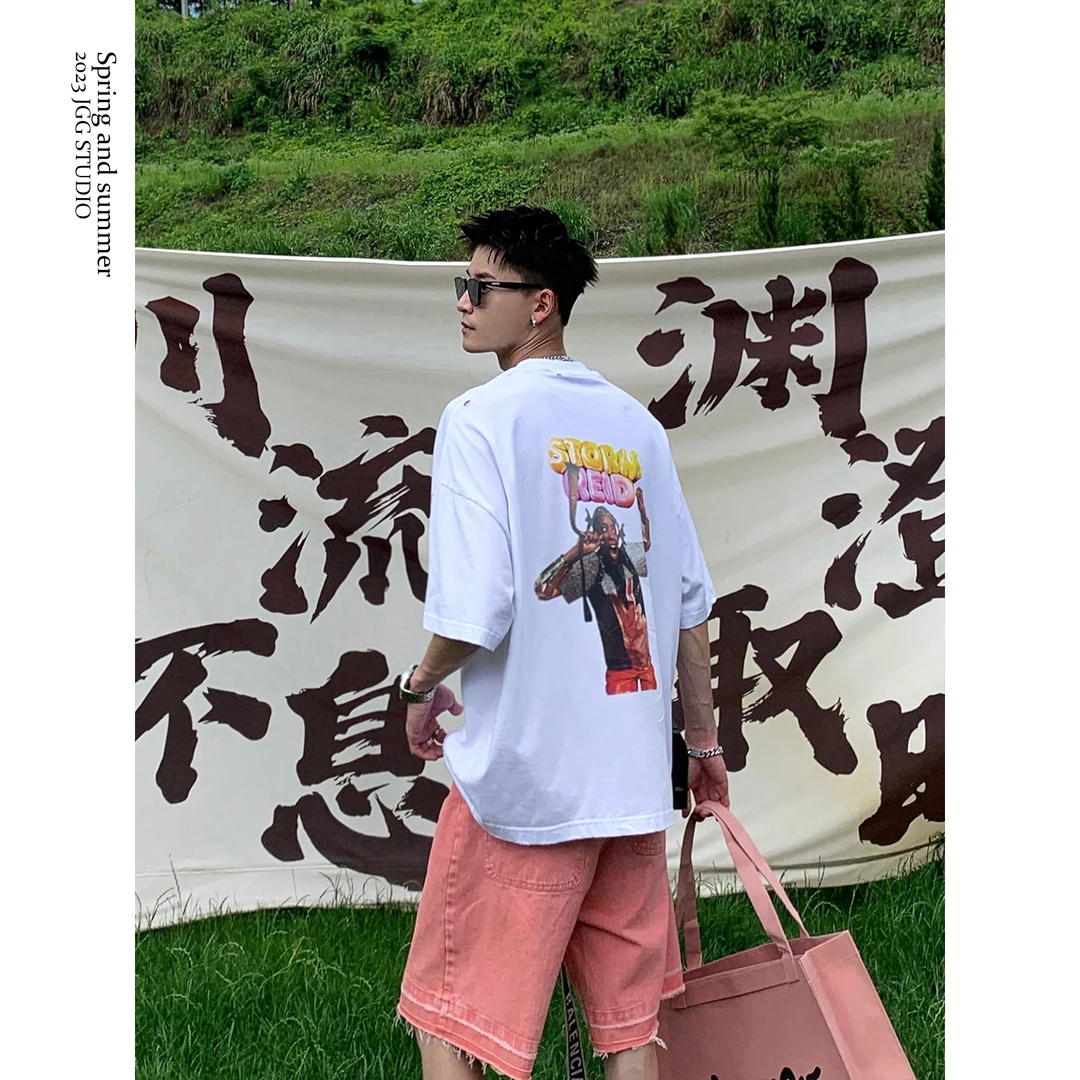 鸡哥哥气泡印花情侣短袖T恤 ins潮牌领口破坏设计上衣6016