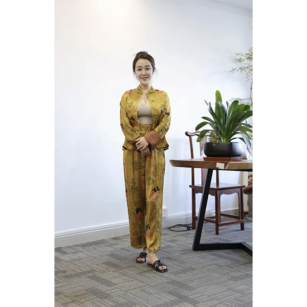 【小唐人套装】新中式国风夏季桑蚕丝套装复古提花秋款斜襟印花
