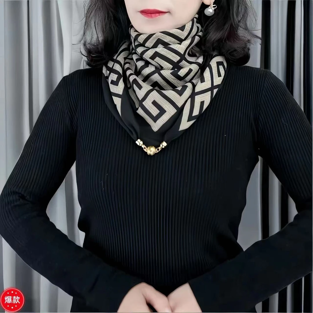 新款“小金球”磁吸扣高级原创丝棉围巾68*68秋冬女士保暖方巾围脖