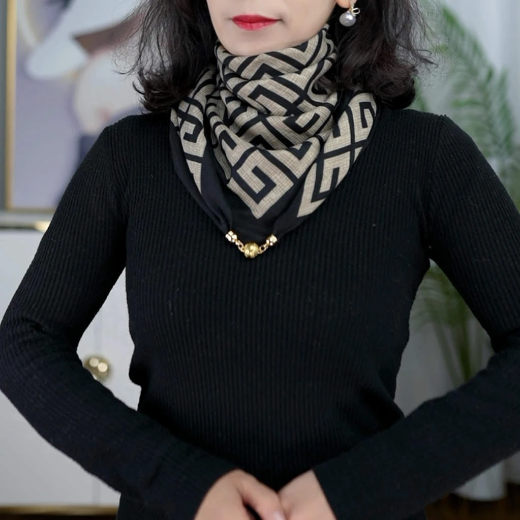 2023新款65*65方巾2磁吸扣丝绵围巾女洋气小众暗扣围脖气质百搭女