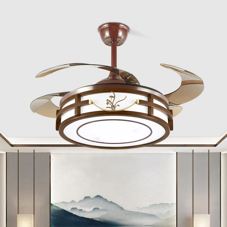 新中式吊灯餐厅隐形风扇灯实木灯具中国风卧室客厅42寸吊扇灯古典