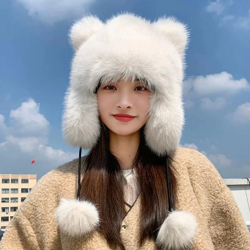 可爱尾巴毛绒小浣熊雷锋帽子女冬季加厚保暖显脸小护耳防寒冷帽潮