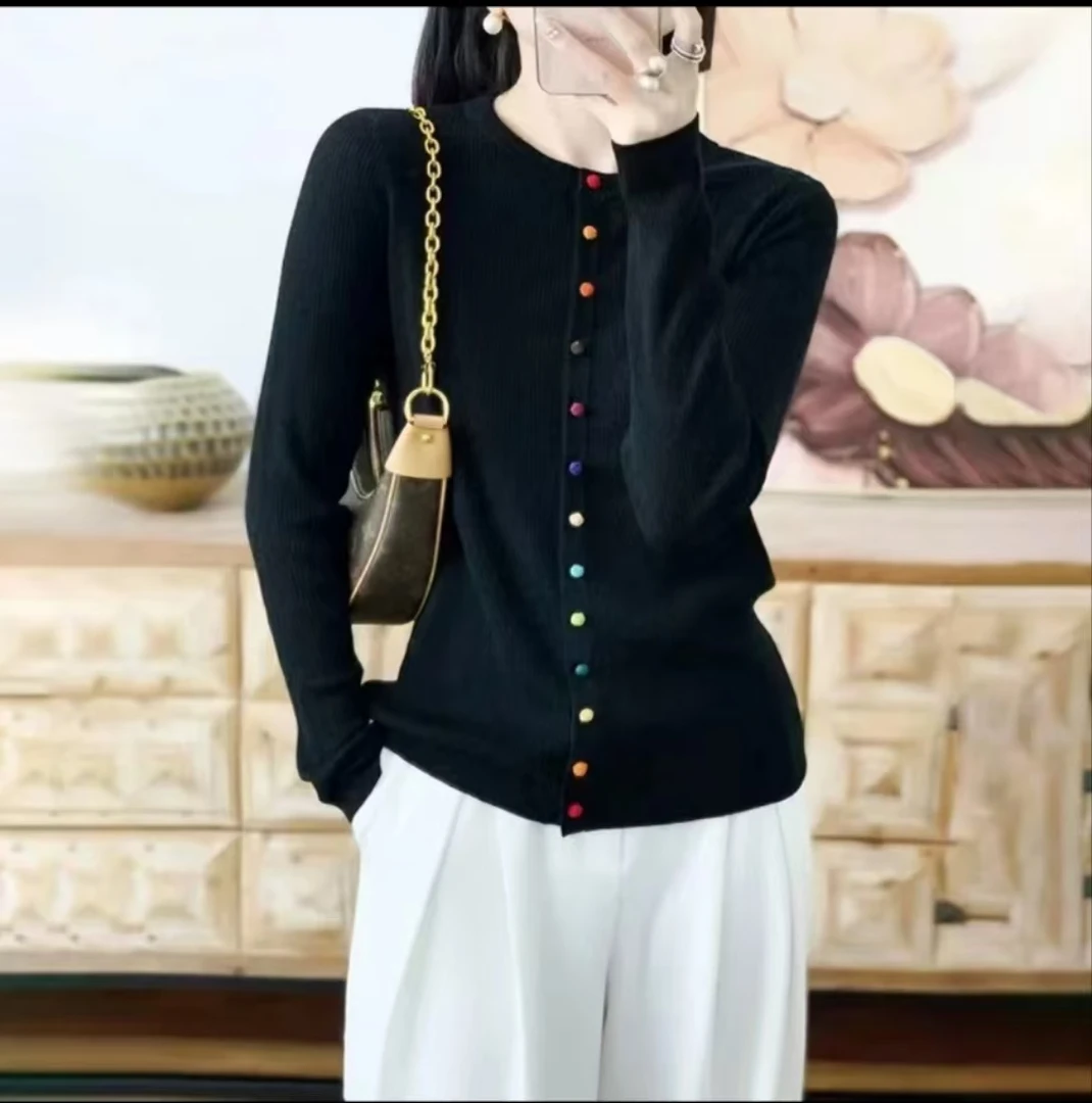 彩色盘扣2024秋季新款长袖针织开衫黑色百搭圆领修身显瘦打底