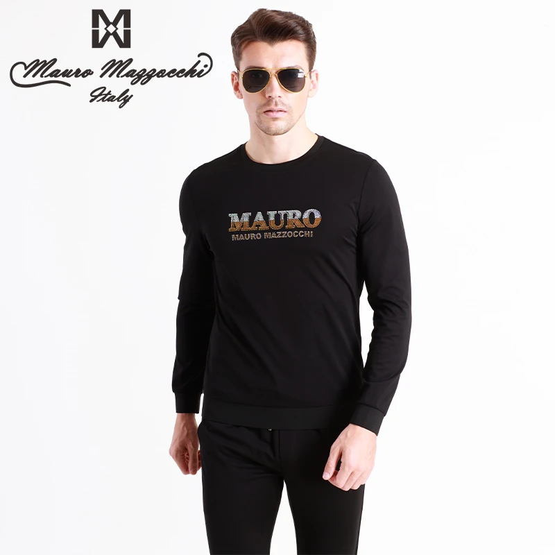 Mauro/玛路烫钻男士圆领长袖T恤卫衣时尚休闲百搭春秋季黑色 7002