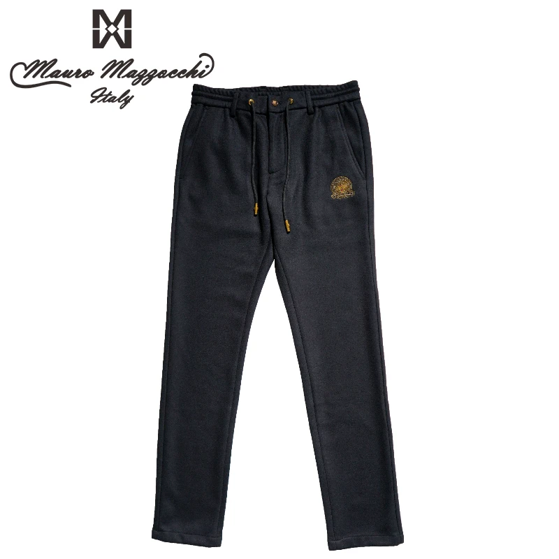 Mauro/玛路刺绣烫钻男士针织休闲裤时尚修身直筒秋冬季黑色  2308
