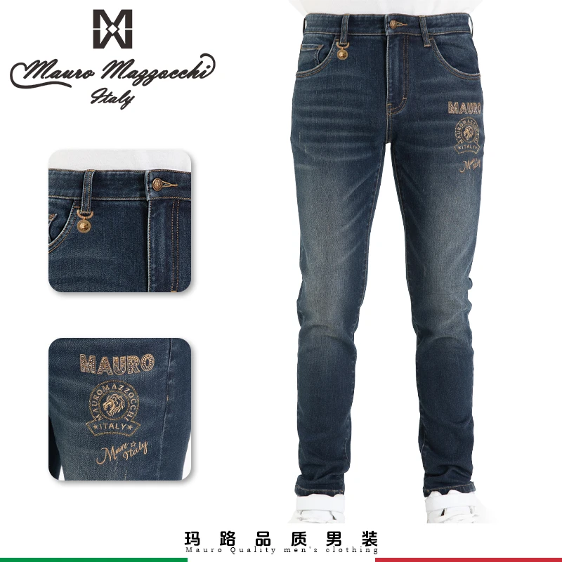 Mauro/玛路刺绣烫钻男士水洗牛仔裤棉混纺舒适修身秋冬季1311