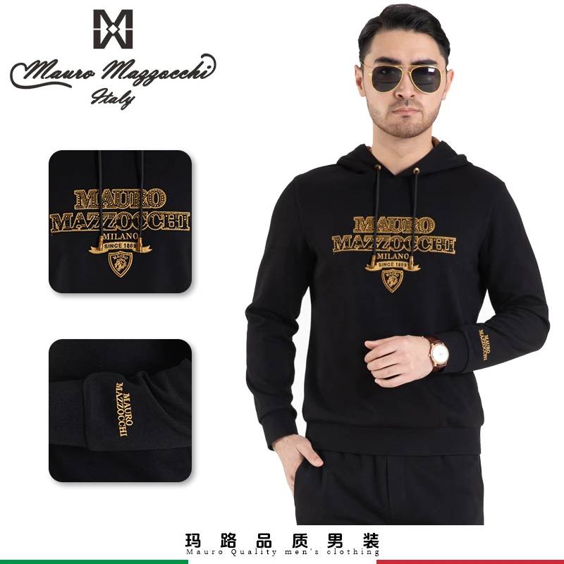 Mauro/玛路刺绣男士连帽长袖T恤羊毛混纺时尚休闲户外春秋7305