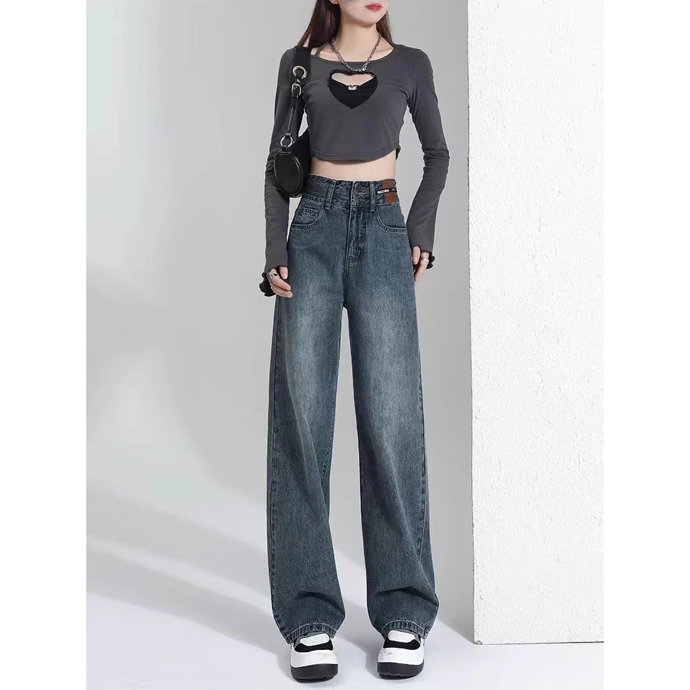 高腰阔腿牛仔裤女2024年新款小个子显瘦秋冬加绒加厚宽松直筒裤子