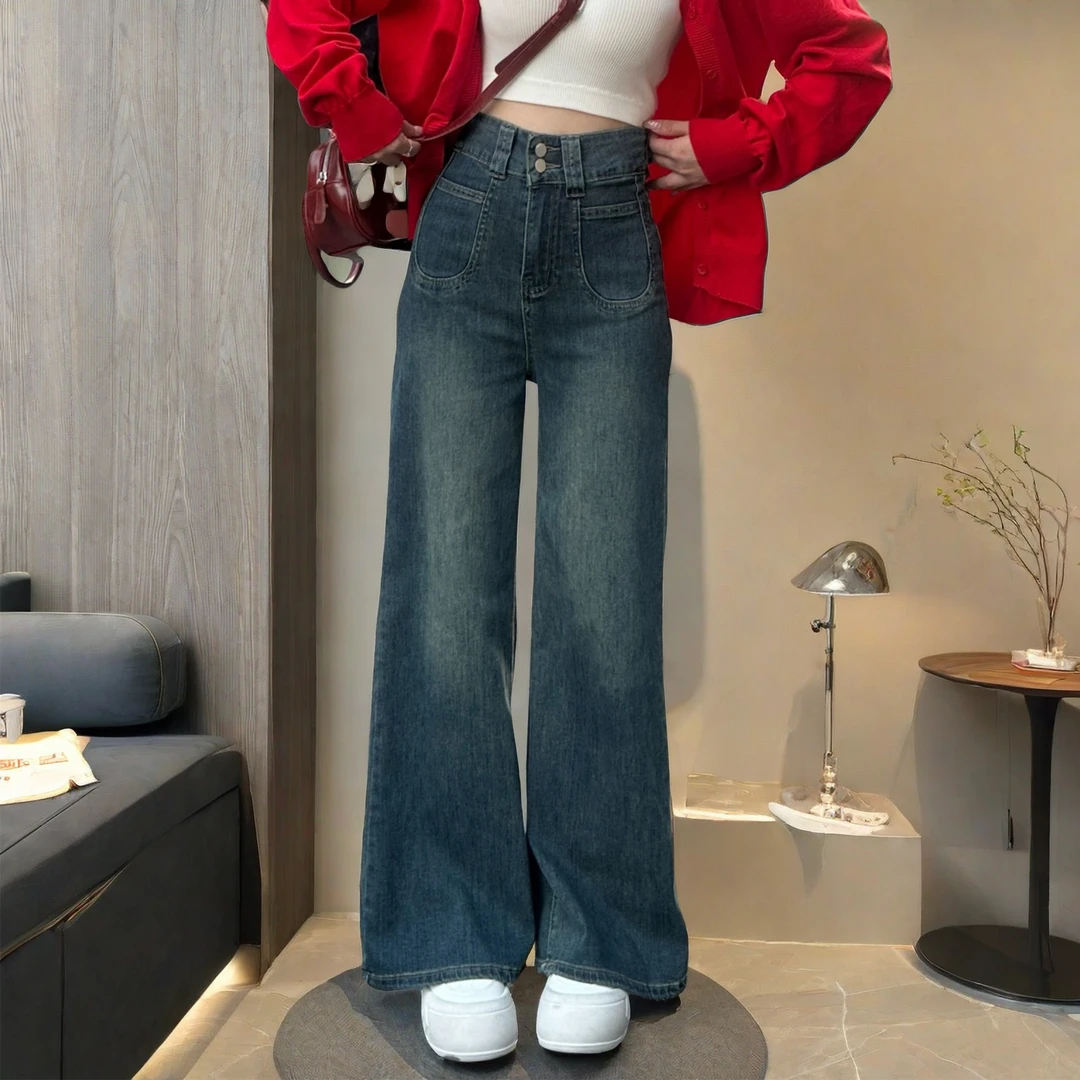 设计感腰双扣阔腿牛仔裤女 慵懒直筒裤宽松气质垂感阔腿裤
