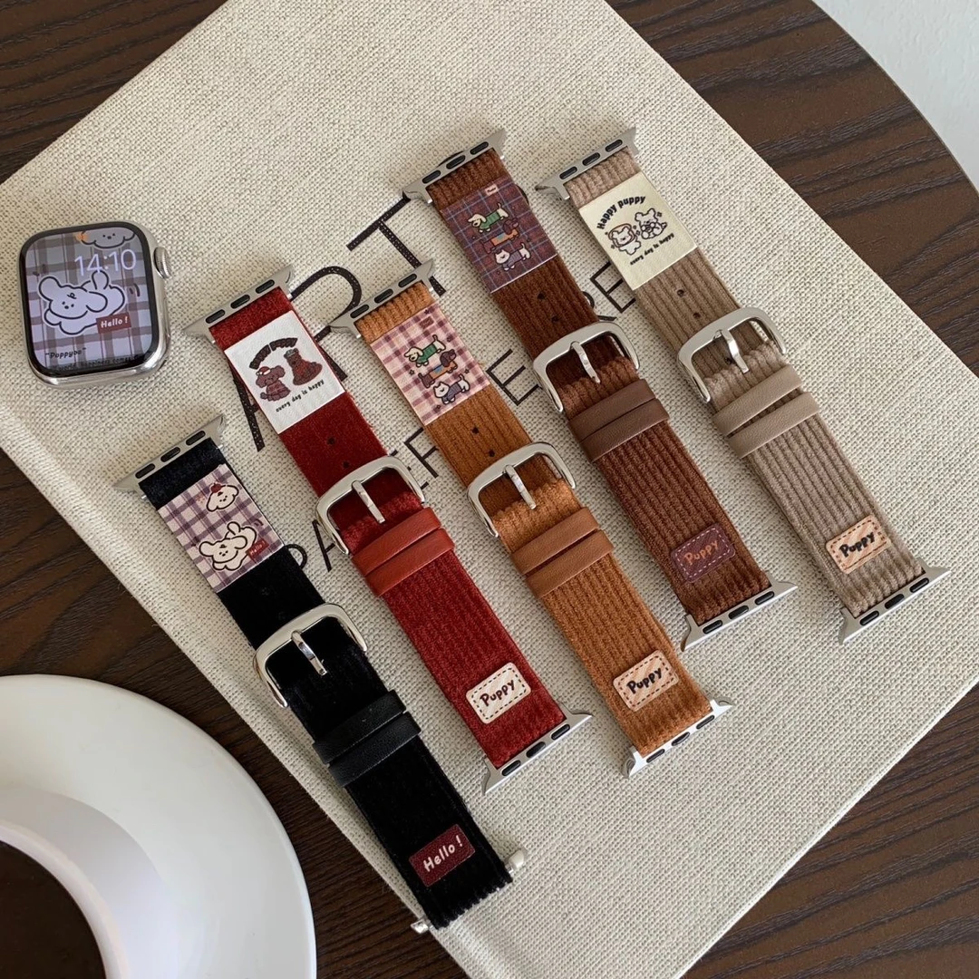 新款ins灯芯绒小狗适用苹果iwatch10手表带皮质小米手环9pro表带