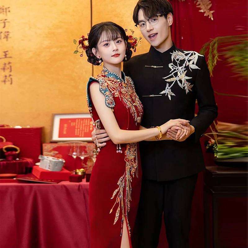 2025新款男女婚礼服中式旗袍秀禾服新娘结婚订婚服男士中山装婚服