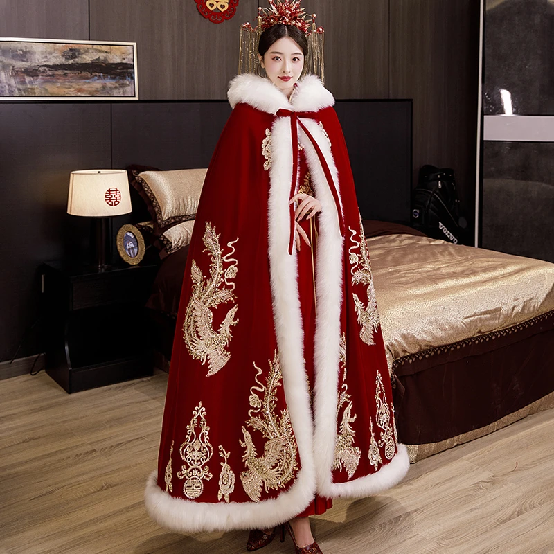 秀禾服披风中式新娘婚服秋冬季汉服红色女冬季古风冬款中国风旗袍