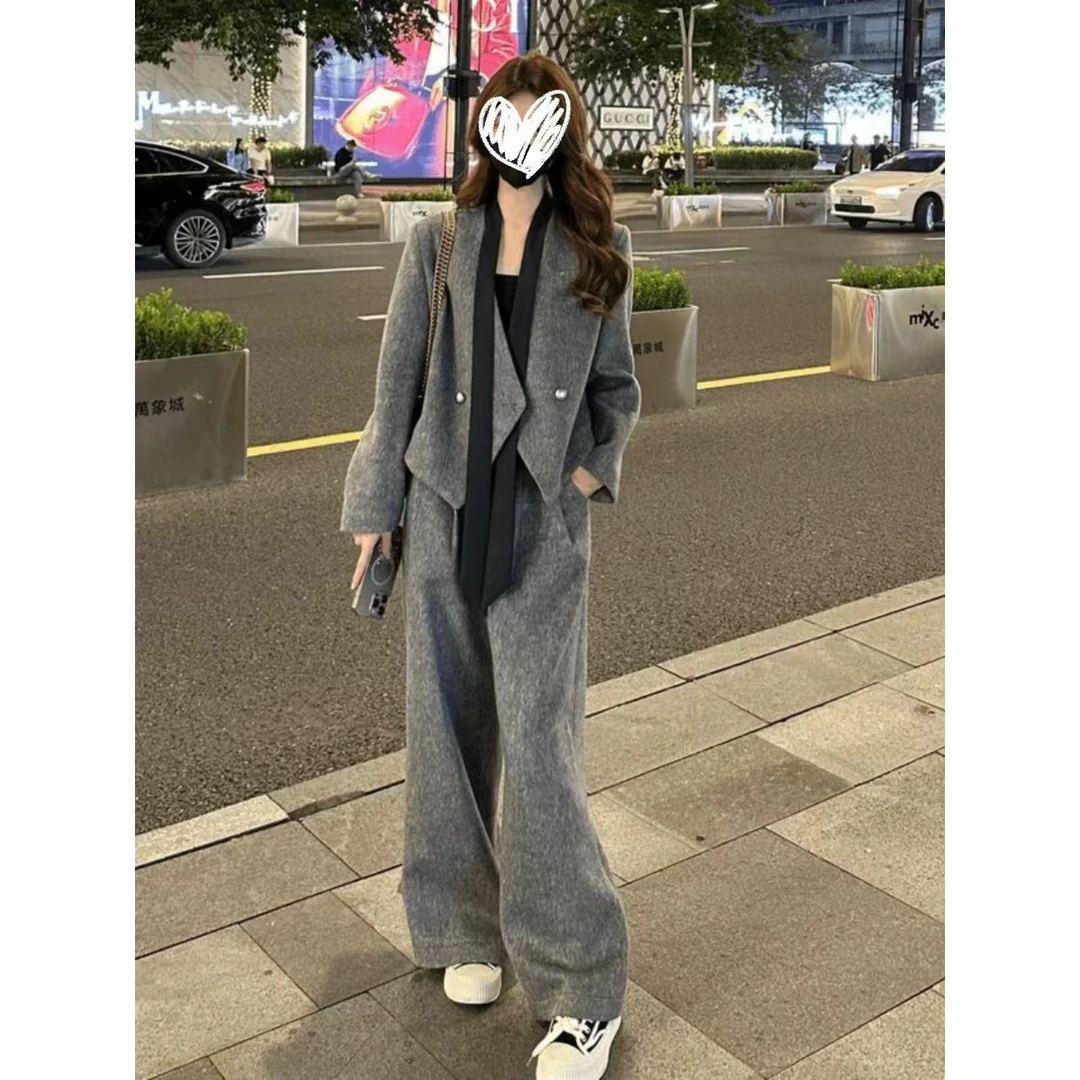 2024新款高级感V领飘带毛呢西装外套女秋冬休闲百搭直筒裤两件套