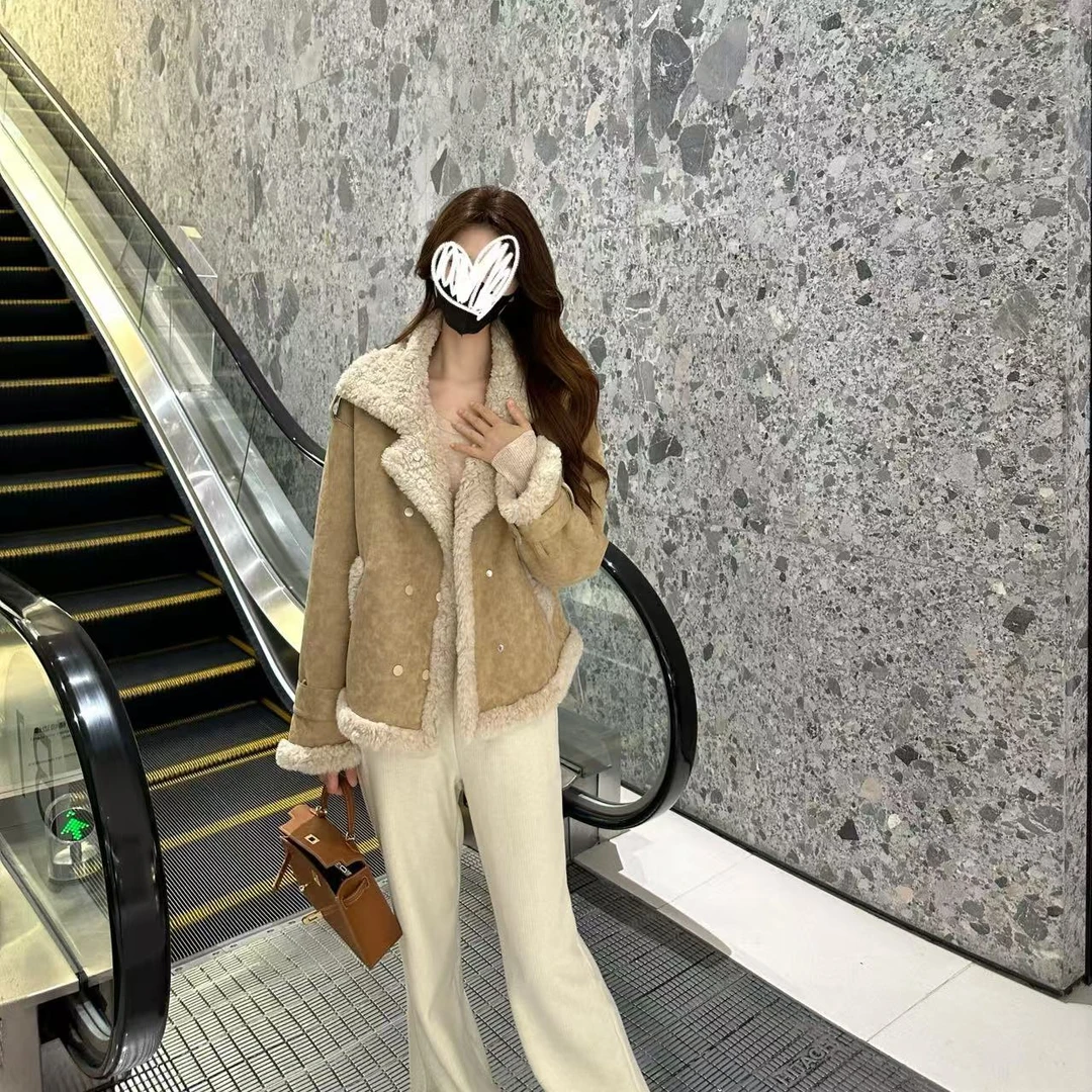 皮毛一体麂皮绒短外套女士秋冬季新款加厚保暖上衣洋气百搭机车服