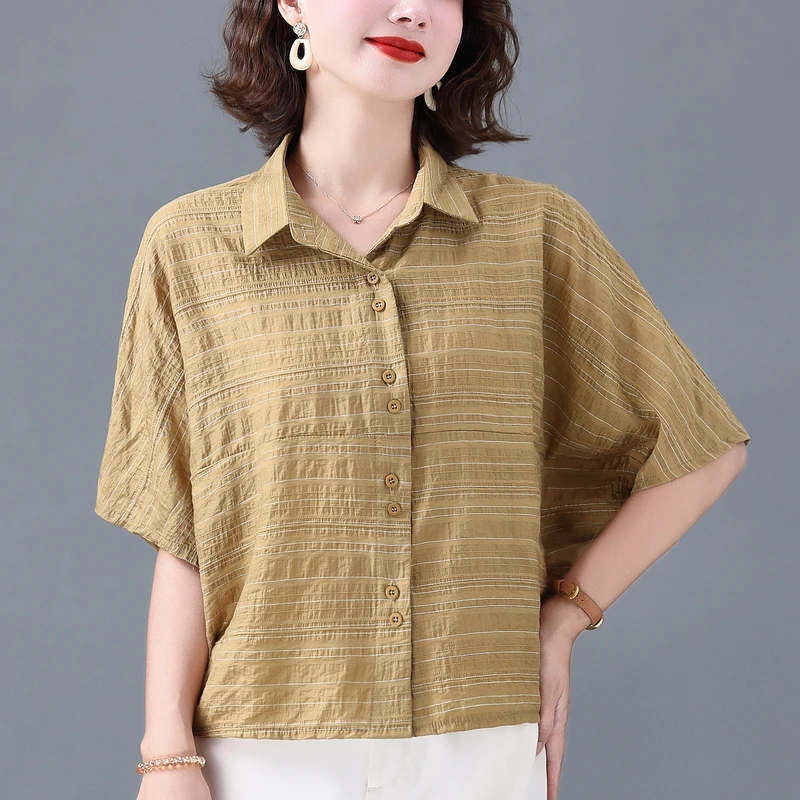 中年高端棉麻上衣休闲短袖女夏季新款高贵衬衣宽松洋气蝙蝠衬衫