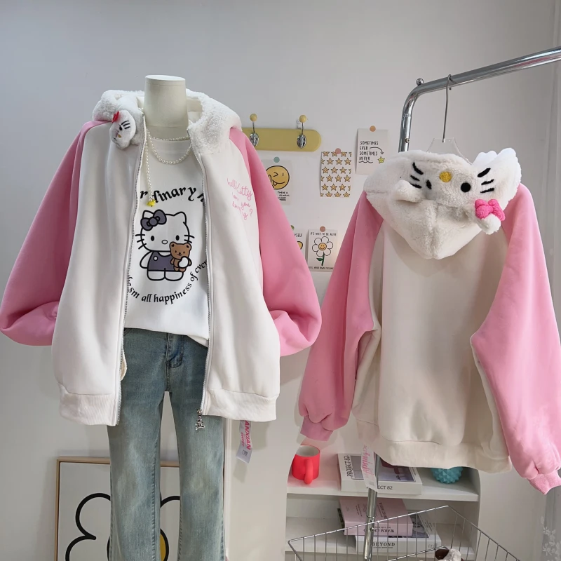 【钱呼呼】“小暖炉”棉衣外套2024冬猫咪帽子拼接设计加厚绒拉链上衣